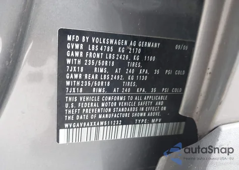 2010 Volkswagen Tiguan Sel z USA, uszkodzony, nr VIN WVGAV9AXXAW511232